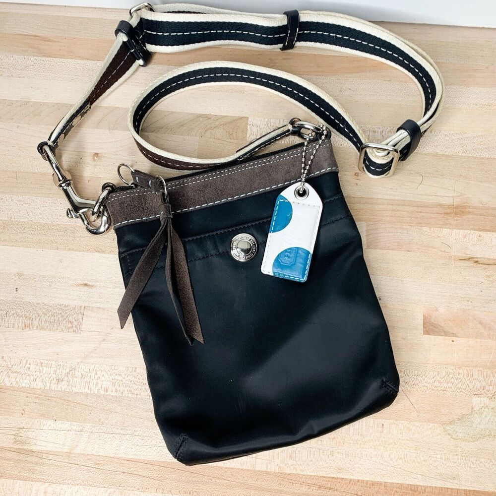 Coach Swing Pack F41184 Crossbody Bag Y2K Black Satin Suede Trim Messenger Bag